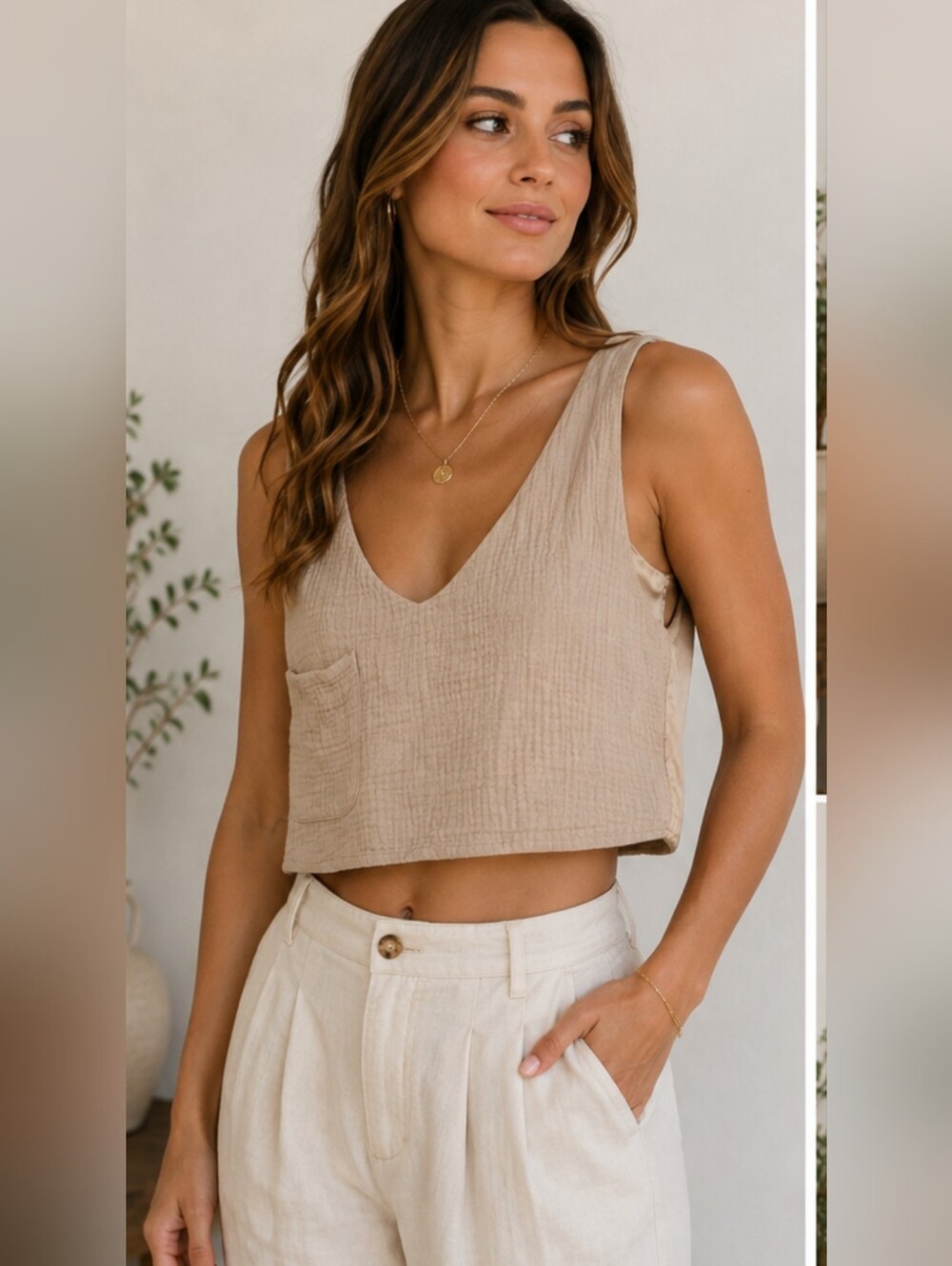 House of Wallace Cotton Gauze Cropped Tank Top XS Beige